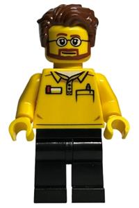 LEGO Store Employee, Black Legs, Beard and Glasses, Reddish Brown Tousled Hair adp053