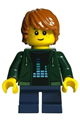 Child with dark orange hair wearing a dark green hoodie and dark blue short legs - adp058