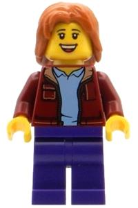 Visitor Minifigure - Female visitor with a dark red jacket and dark purple legs - adp078