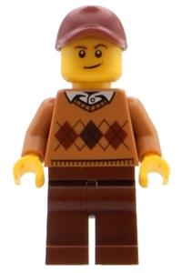 Visitor Minifigure - Male visitor wearing a medium nougat argyle sweater and reddish brown legs - adp079