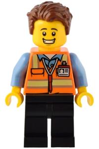 Train Driver Minifigure - Male train driver in an orange safety vest with reflective stripes, black legs, and reddish brown hair - adp082