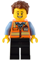 Male train driver in an orange safety vest with reflective stripes, black legs, and reddish brown hair - adp082