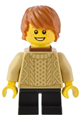 Boy traveler with dark orange hair wearing a tan knit sweater, black short legs, and reddish brown neck bracket - adp083