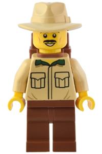 Traveler Minifigure - Male traveler with a tan shirt, reddish brown legs, carrying a reddish brown backpack, and wearing a tan fedora hat - adp084