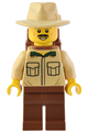 Male traveler with a tan shirt, reddish brown legs, carrying a reddish brown backpack, and wearing a tan fedora hat - adp084