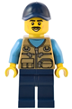 Male minifigure wearing a dark tan vest over a dark azure shirt, paired with dark blue legs and cap - adp085