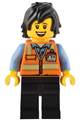 Female train driver with black hair wearing an orange safety vest with reflective stripes and black legs - adp086