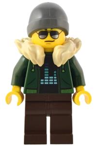 Traveler Minifigure - Male traveler wearing a dark green hoodie with a tan fur collar, dark brown legs, and a dark bluish gray ski beanie hat - adp087