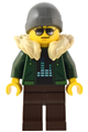 Male traveler wearing a dark green hoodie with a tan fur collar, dark brown legs, and a dark bluish gray ski beanie hat - adp087