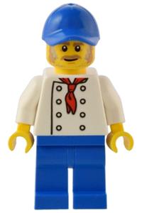Hot Dog Stand Manager Minifigure - Manager of a hot dog stand with white torso, 8 buttons, blue legs, and a blue cap - adp089