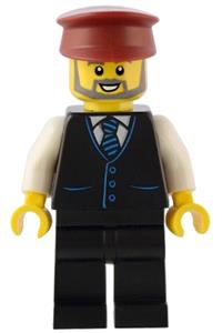 Station Master Minifigure - Station Master with a dark red hat, beard, wearing a black vest with blue striped tie, and black legs - adp090