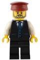 Station Master with a dark red hat, beard, wearing a black vest with blue striped tie, and black legs - adp090