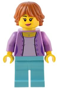 Traveler Minifigure - Female traveler with dark orange hair wearing a medium lavender jacket and medium azure legs - adp091
