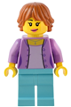 Female traveler with dark orange hair wearing a medium lavender jacket and medium azure legs - adp091
