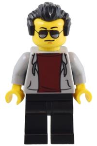 1950s Diner Patron Minifigure - Male diner patron wearing a light bluish gray hoodie with a dark red shirt, black legs, and black hair - adp093