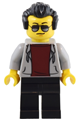 Male diner patron wearing a light bluish gray hoodie with a dark red shirt, black legs, and black hair - adp093