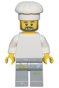 1950s Diner Chef Minifigure - Diner chef with a plain white torso and a white chef toque, wearing light bluish gray legs with paint splotches - adp095