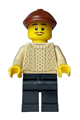 Male painter wearing a tan knit cable sweater, black legs, and a reddish brown flat cap - adp106