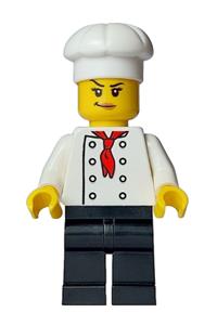 Bistro Chef Minifigure - Female bistro chef with white torso featuring 8 buttons, black legs, and a white chef toque - adp107