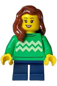 Child Minifigure - Girl child with reddish brown hair over shoulder wearing a bright green sweater with bright light yellow zigzag lines and dark blue short legs - adp110