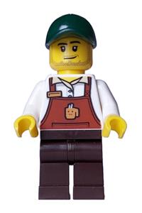 Bakery Boulangerie Owner Minifigure - Owner of a bakery with a reddish brown apron featuring a cup and name tag, dark brown legs, and a dark green cap - adp111