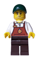 Owner of a bakery with a reddish brown apron featuring a cup and name tag, dark brown legs, and a dark green cap - adp111