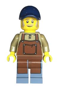 Snack Shack Vendor Minifigure - Male Snack Shack Vendor in a dark tan top with reddish brown apron, sand blue legs, and a dark blue cap - adp114