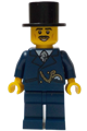 Male customer in a dark blue suit, wearing a black top hat with a black moustache - adp117