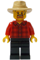 Male carriage driver in a red plaid flannel shirt, wearing black legs and a tan fedora - adp119