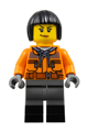 Train worker with an orange jacket, dark blue gray legs with black boots, and black bob cut hair - adp125