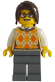 Female ticket vendor with dark brown hair in a ponytail, wearing a tan knit argyle sweater vest, dark bluish gray legs, and glasses - adp129