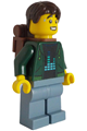 Male traveler with dark brown short tousled hair wearing a dark green hoodie, sand blue legs, and a backpack - adp130