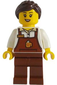 Brick Cross Train Station Barkeeper - Female barkeeper in a reddish brown apron with cup and name tag, reddish brown legs, dark brown hair in a ponytail and swept sideways fringe - adp132