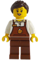 Female barkeeper in a reddish brown apron with cup and name tag, reddish brown legs, dark brown hair in a ponytail and swept sideways fringe - adp132