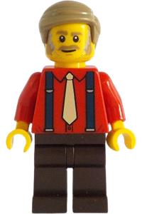 Brick Cross Train Station Passenger - Male passenger with a red shirt with a tan tie, dark brown legs, and short combed dark tan hair - adp133