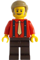 Male passenger with a red shirt with a tan tie, dark brown legs, and short combed dark tan hair - adp133