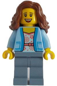 Brick Cross Train Station Passenger - Female passenger with bright light blue jacket over white shirt with coral flowers, sand blue legs, and reddish brown wavy hair - adp135