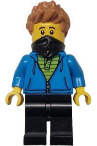 Logging Railway Train Worker - Male train worker wearing a dark azure hoodie with green striped shirt, black legs and bandana, with medium nougat spiked hair - adp138