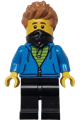 Male train worker wearing a dark azure hoodie with green striped shirt, black legs and bandana, with medium nougat spiked hair - adp138
