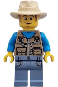 Logging Railway Passenger - Male passenger wearing a dark tan vest over a dark azure shirt, sand blue pants with pockets, and a tan fedora hat - adp139