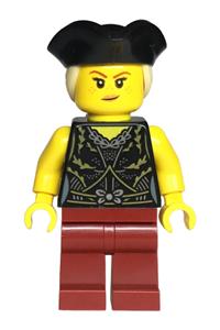 Ominous Isle Pirate Female - Female pirate in a black dress top, with dark red legs, wearing a black tricorne hat with a tan ponytail - adp146
