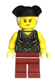 Female pirate in a black dress top, with dark red legs, wearing a black tricorne hat with a tan ponytail - adp146