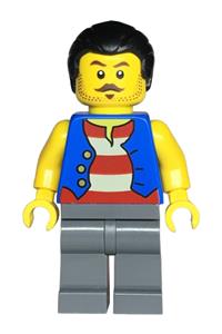 Ominous Isle Pirate Male Minifigure - Male pirate with black hair in a short ponytail, wearing a blue vest and dark bluish gray legs - adp147