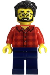 Camping Adventure Male Minifigure - Male camper with a red plaid flannel shirt, dark blue legs, black hair, glasses, and a beard - adp149