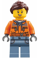 Harbormaster's office attendant with an orange safety jacket, sand blue legs with pockets, and a dark brown ponytail - adp150