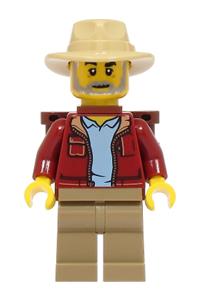 Lost City Explorer Male Minifigure - Male Lost City Explorer wearing a dark red jacket with a bright light blue shirt, dark tan legs, tan fedora, and backpack - adp157