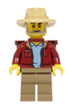 Male Lost City Explorer wearing a dark red jacket with a bright light blue shirt, dark tan legs, tan fedora, and backpack - adp157