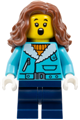 Girl with reddish brown wavy hair wearing a medium azure jacket and dark blue medium legs - adp160