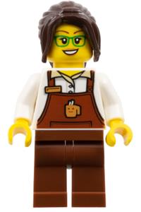 The Art of Chocolate Barista - Female barista with dark brown long ponytail hair, wearing a reddish brown apron with a cup and name tag, and reddish brown legs - adp163