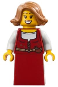 Medieval Seaside Market Baker - Female medieval seaside market baker with medium nougat hair wearing a dark red dress - adp179